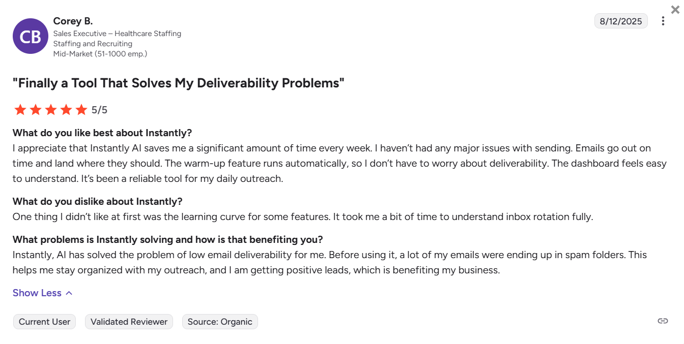 instantly deliverability review