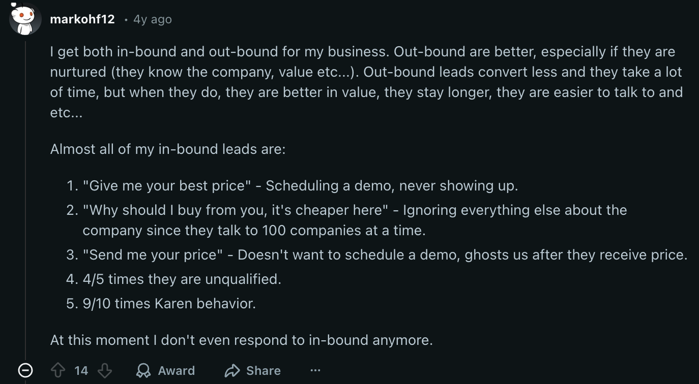 reddit inbound vs outbound sales experience