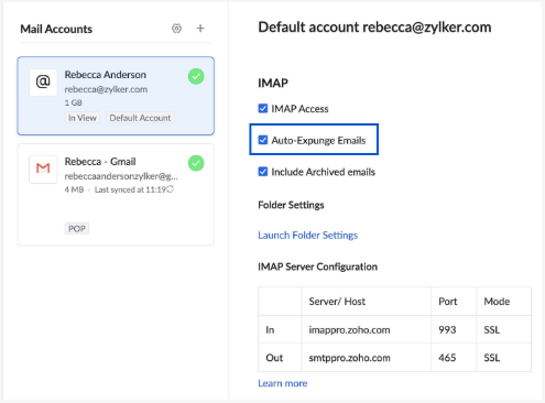 auto expunge in zoho imap