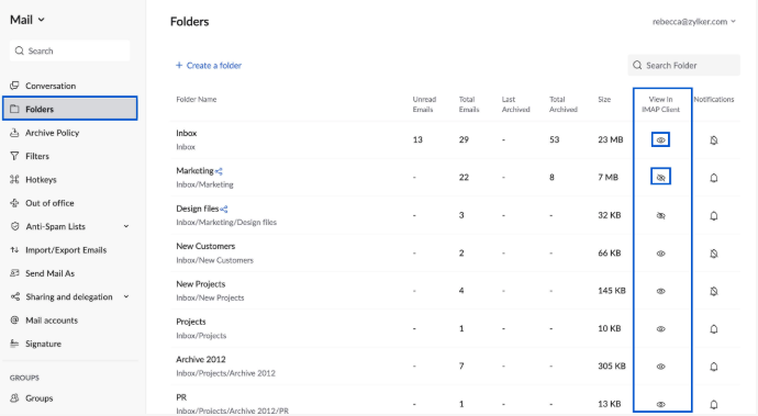folders in zoho mail
