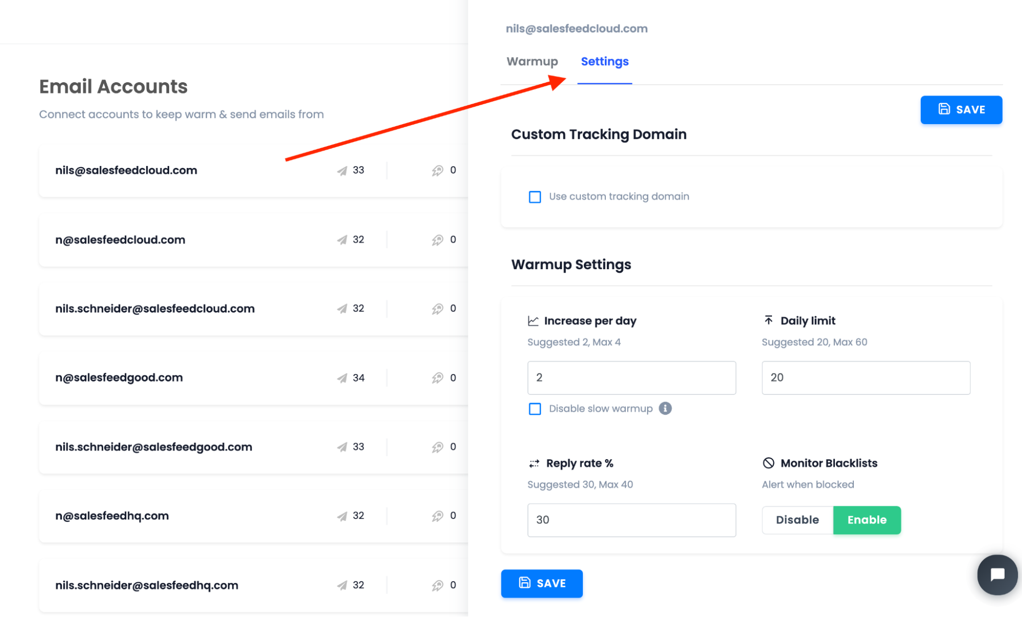 instantly email warmup settings