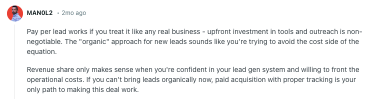 reddit user pay per lead upfront investment